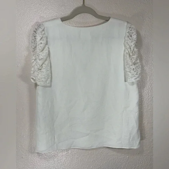 Sezane Colette Blouse Vneck Short Sleeve Lace Puff Shoulder White Women’s US 10 - Picture 6 of 11
